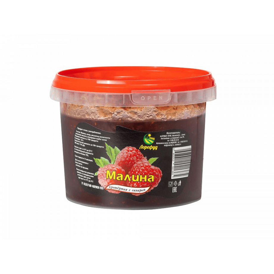Малина протертая с сахаром (ведро) 800г/6шт "Лорефуд" Россия**